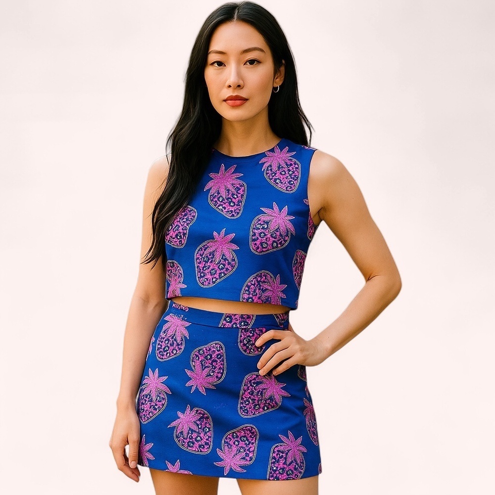 🍓Le Superbe Vibrant Glitter Strawberry Fields Jacquard Skirt Set Size S NWT🍓